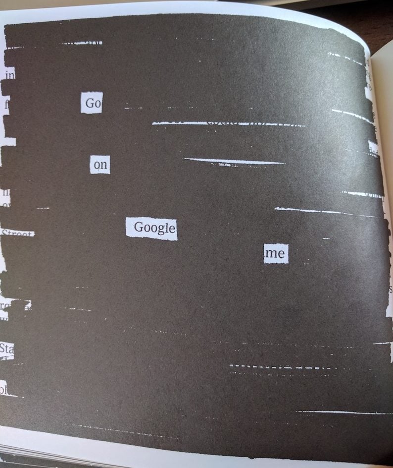 Blackout poetry page with words "go on google me"