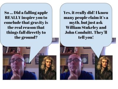 Bell ringer: Ask a character Man and photo of sir isaac newton with speech bubble.
