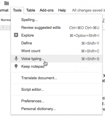 google docs voice typing menu