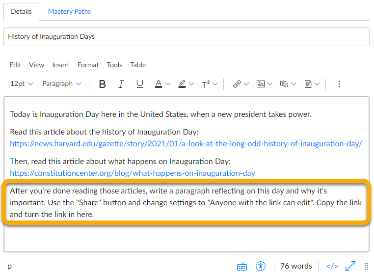 history of inauguration day canvas assignment with file creation