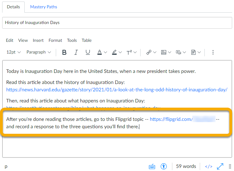history of inauguration day canvas assignment with flipgrid response