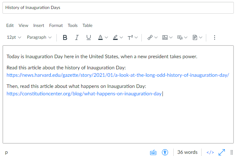 history of inauguration day canvas assignment