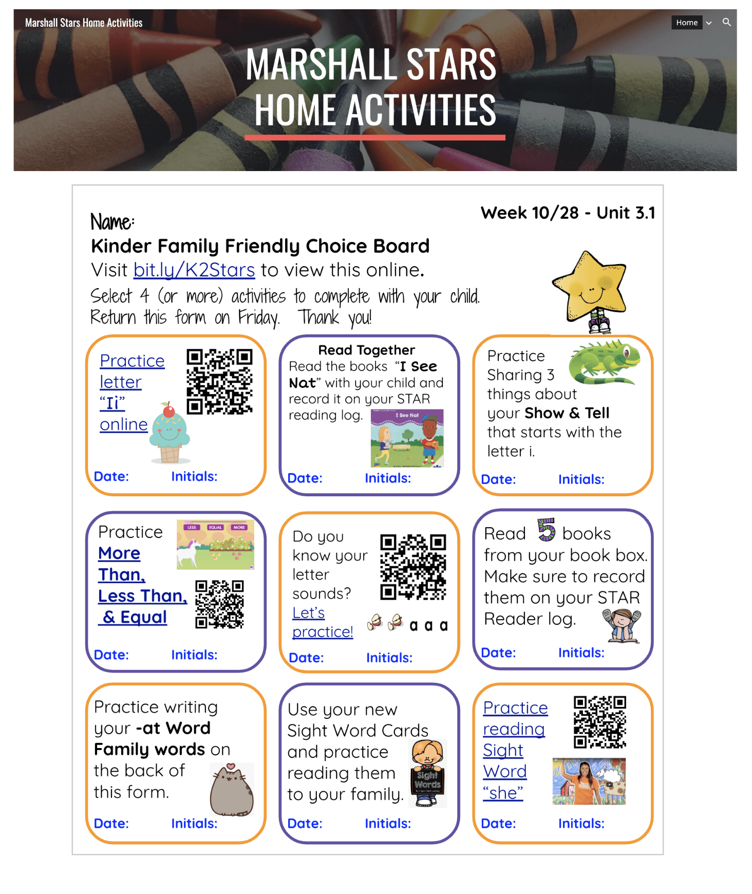 Example family choice board