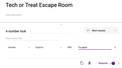 Example error message text for digital escape room locks in Google Forms.