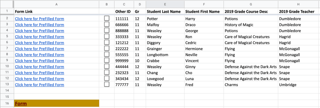 Sample Spreadsheet with pre-filled links