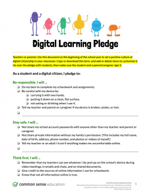 Common Sense Media digital learning pledge template